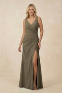 V-Neck Ruched Sheath Bridesmaid Dress with Slit in Willow Green - KissProm BRIDESMAID DRESSES