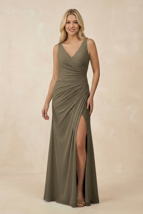 V-Neck Ruched Sheath Bridesmaid Dress with Slit in Willow Green - KissProm BRIDESMAID DRESSES