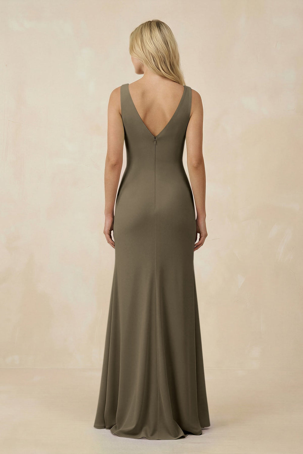 V-Neck Ruched Sheath Bridesmaid Dress with Slit in Willow Green - KissProm BRIDESMAID DRESSES