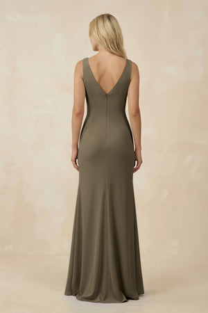 V-Neck Ruched Sheath Bridesmaid Dress with Slit in Willow Green - KissProm BRIDESMAID DRESSES