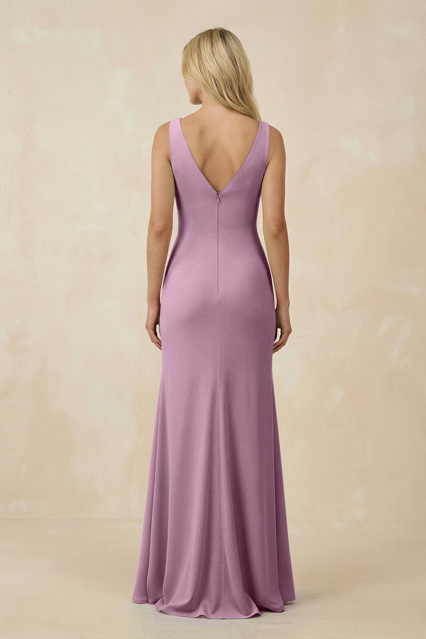 V-Neck Ruched Sheath Bridesmaid Dress with Slit in Wisteria - KissProm BRIDESMAID DRESSES