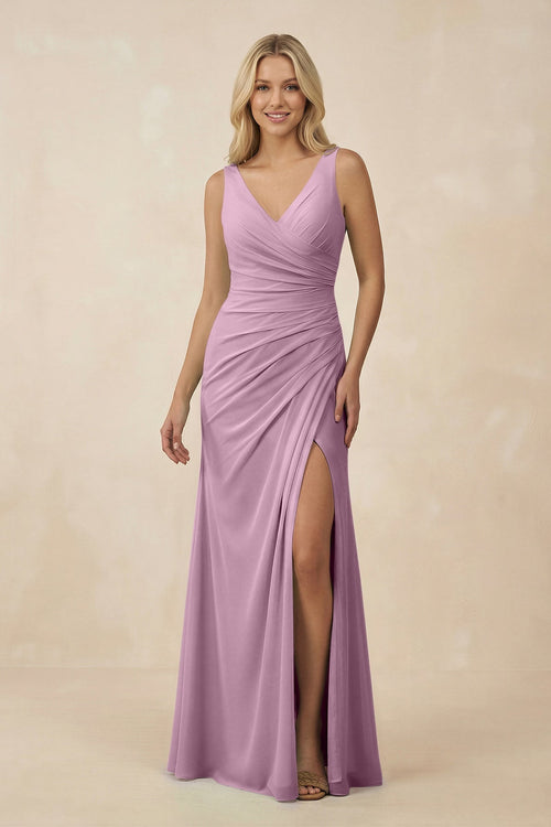 V-Neck Ruched Sheath Bridesmaid Dress with Slit in Wisteria - KissProm BRIDESMAID DRESSES