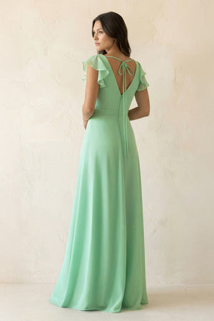 V-Neck Ruffled A-Line Chiffon Bridesmaid Dress in Pale Pistachio - KissProm BRIDESMAID DRESSES