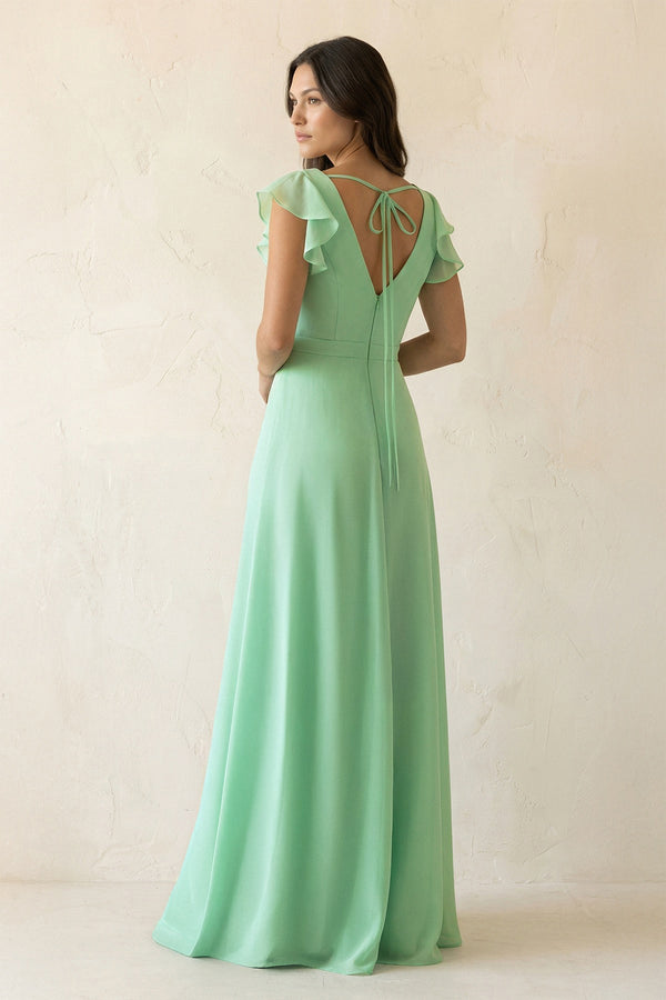 V-Neck Ruffled A-Line Chiffon Bridesmaid Dress in Pale Pistachio - KissProm BRIDESMAID DRESSES