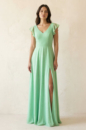 V-Neck Ruffled A-Line Chiffon Bridesmaid Dress in Pale Pistachio - KissProm BRIDESMAID DRESSES