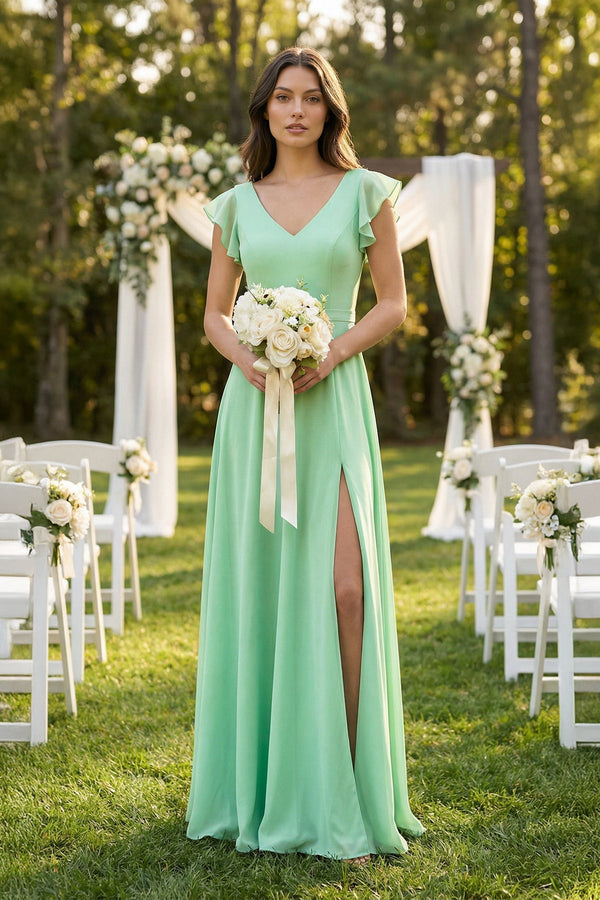 V-Neck Ruffled A-Line Chiffon Bridesmaid Dress in Pale Pistachio - KissProm BRIDESMAID DRESSES
