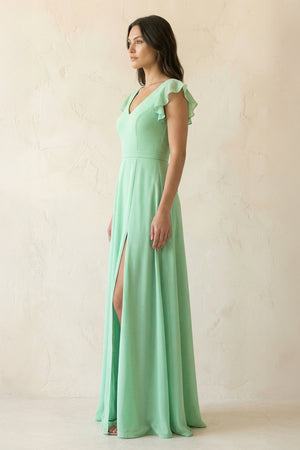 V-Neck Ruffled A-Line Chiffon Bridesmaid Dress in Pale Pistachio - KissProm BRIDESMAID DRESSES