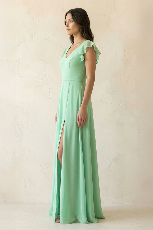 V-Neck Ruffled A-Line Chiffon Bridesmaid Dress in Pale Pistachio - KissProm BRIDESMAID DRESSES