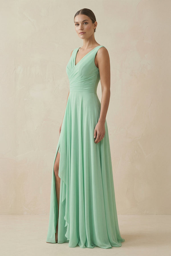 V - Neck Ruffled A - Line Chiffon Bridesmaid Dress - KissProm Bridesmaid Dresses