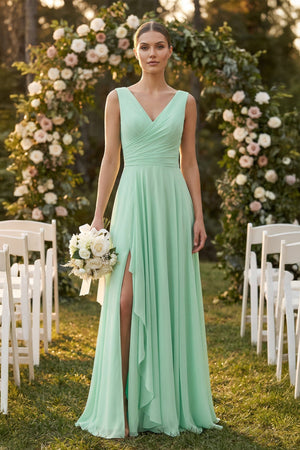 V - Neck Ruffled A - Line Chiffon Bridesmaid Dress - KissProm Bridesmaid Dresses