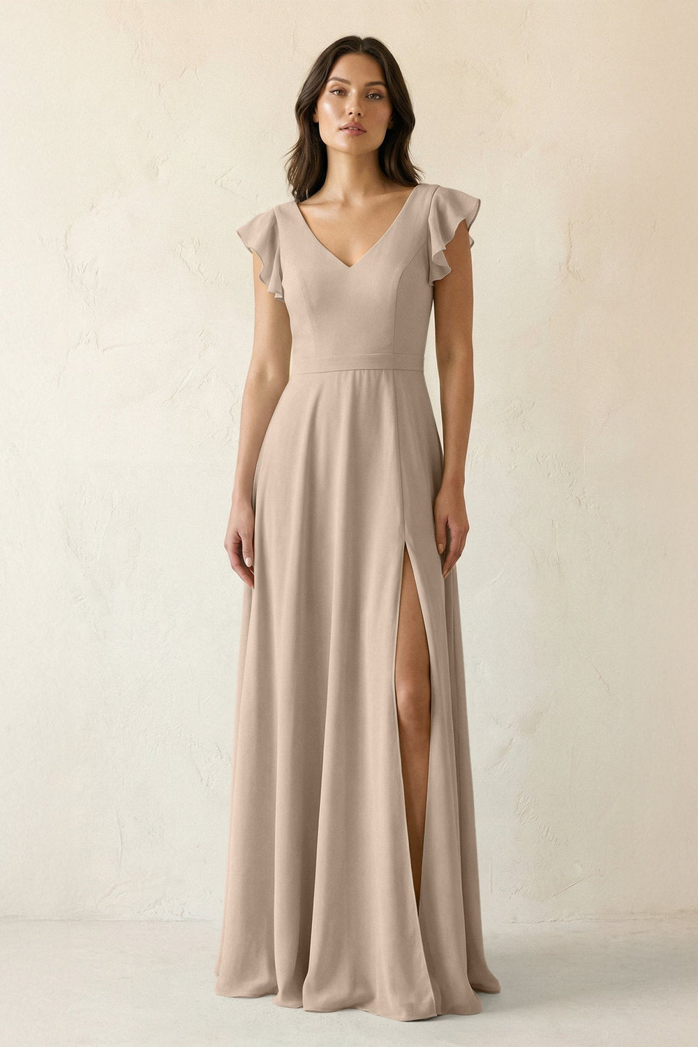 V - Neck Ruffled A - Line Chiffon Bridesmaid Dress in Almond - KissProm Bridesmaid Dresses