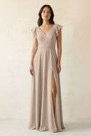 V - Neck Ruffled A - Line Chiffon Bridesmaid Dress in Almond - KissProm Bridesmaid Dresses