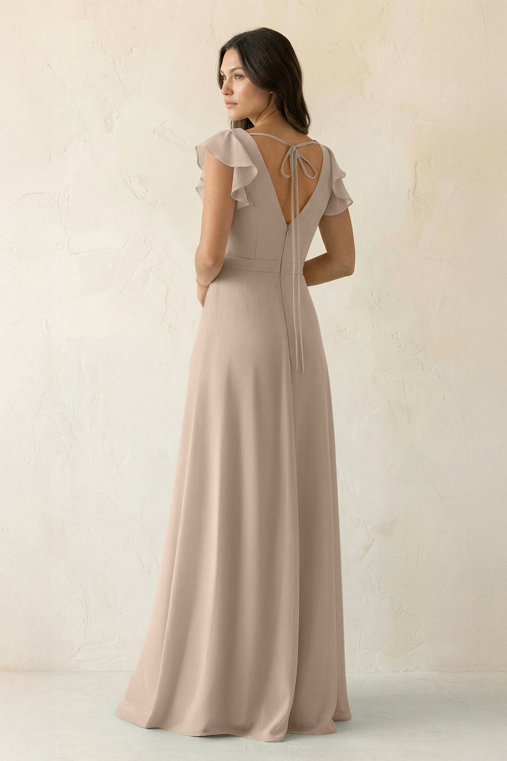 V - Neck Ruffled A - Line Chiffon Bridesmaid Dress in Almond - KissProm Bridesmaid Dresses