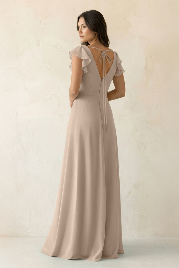 V - Neck Ruffled A - Line Chiffon Bridesmaid Dress in Almond - KissProm Bridesmaid Dresses