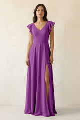 V - Neck Ruffled A - Line Chiffon Bridesmaid Dress in Amethyst - KissProm Bridesmaid Dresses