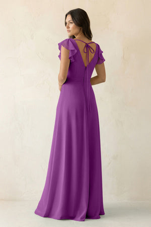 V - Neck Ruffled A - Line Chiffon Bridesmaid Dress in Amethyst - KissProm Bridesmaid Dresses