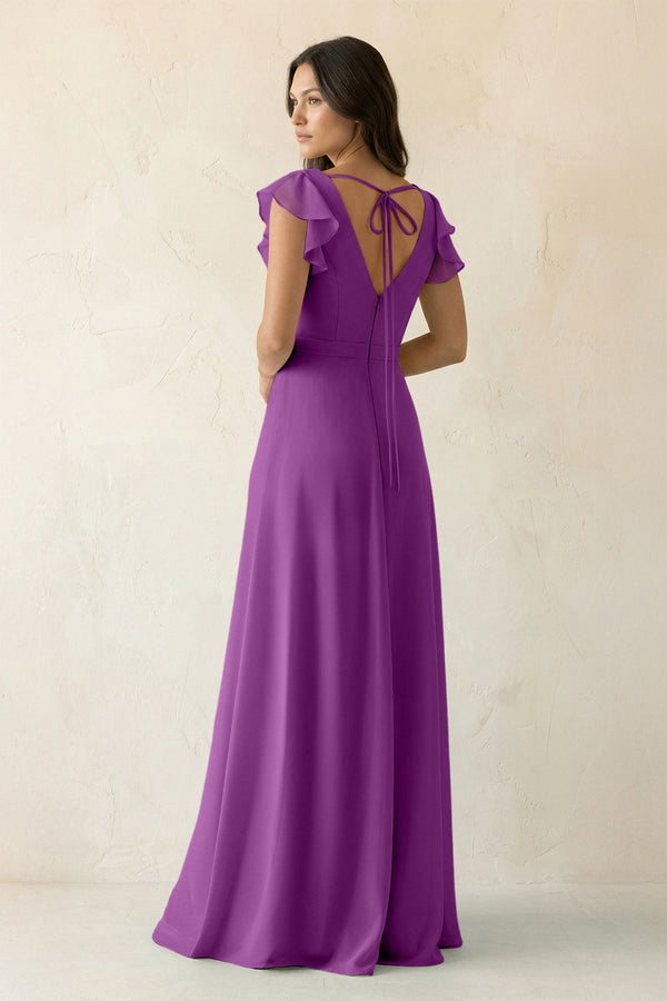 V - Neck Ruffled A - Line Chiffon Bridesmaid Dress in Amethyst - KissProm Bridesmaid Dresses