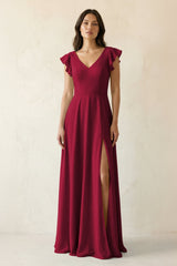 V - Neck Ruffled A - Line Chiffon Bridesmaid Dress in Berry - KissProm Bridesmaid Dresses
