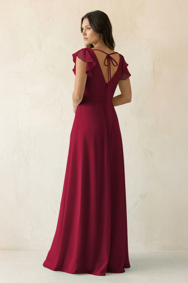 V - Neck Ruffled A - Line Chiffon Bridesmaid Dress in Berry - KissProm Bridesmaid Dresses