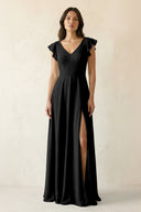 V - Neck Ruffled A - Line Chiffon Bridesmaid Dress in Black - KissProm Bridesmaid Dresses