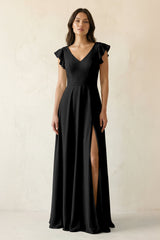 V - Neck Ruffled A - Line Chiffon Bridesmaid Dress in Black - KissProm Bridesmaid Dresses