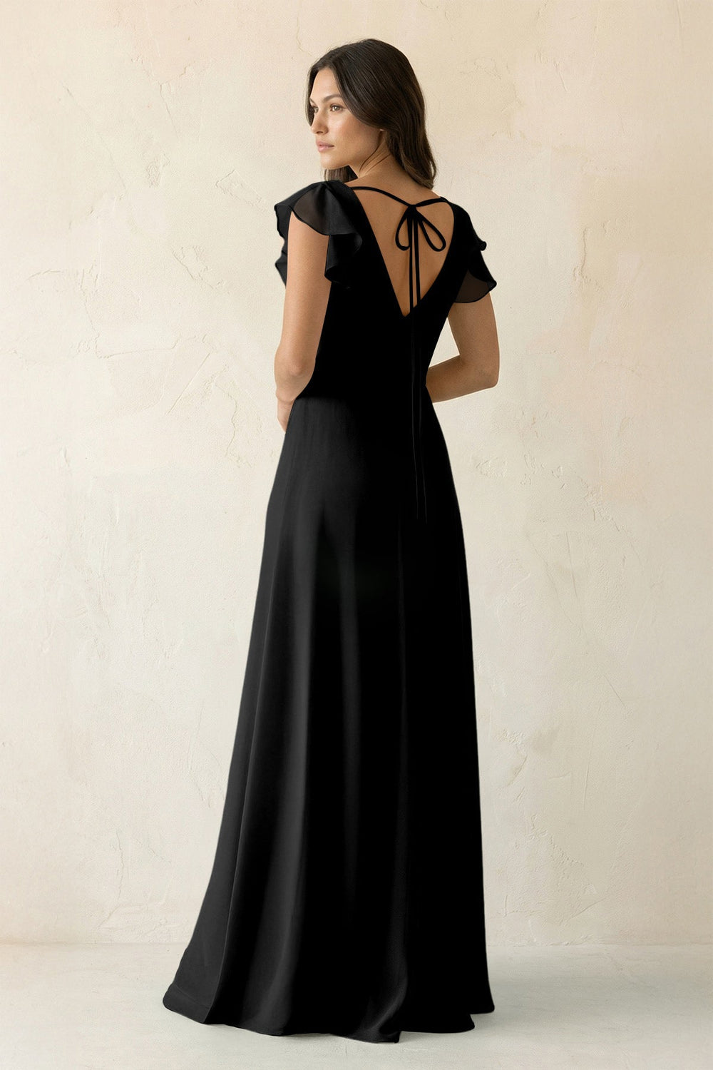 V - Neck Ruffled A - Line Chiffon Bridesmaid Dress in Black - KissProm Bridesmaid Dresses