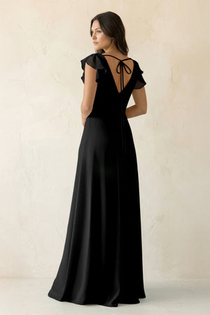 V - Neck Ruffled A - Line Chiffon Bridesmaid Dress in Black - KissProm Bridesmaid Dresses