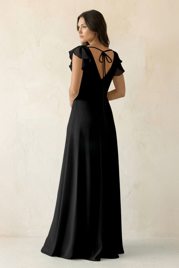 V - Neck Ruffled A - Line Chiffon Bridesmaid Dress in Black - KissProm Bridesmaid Dresses