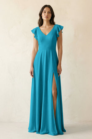 V - Neck Ruffled A - Line Chiffon Bridesmaid Dress in Blue Jay - KissProm Bridesmaid Dresses