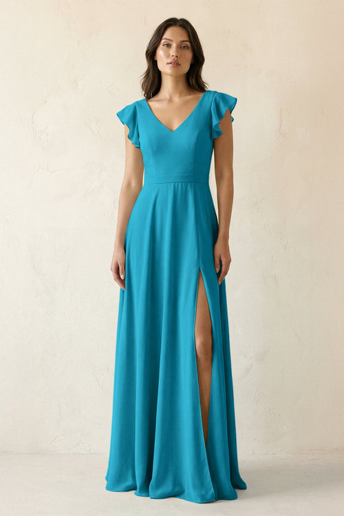 V - Neck Ruffled A - Line Chiffon Bridesmaid Dress in Blue Jay - KissProm Bridesmaid Dresses