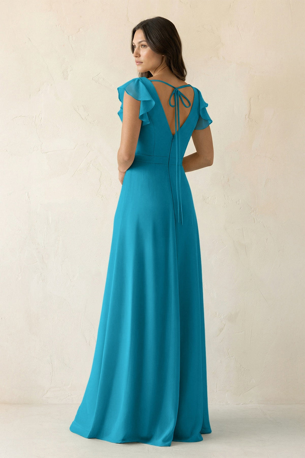 V - Neck Ruffled A - Line Chiffon Bridesmaid Dress in Blue Jay - KissProm Bridesmaid Dresses