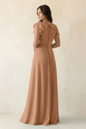 V - Neck Ruffled A - Line Chiffon Bridesmaid Dress in Bronzer - KissProm Bridesmaid Dresses