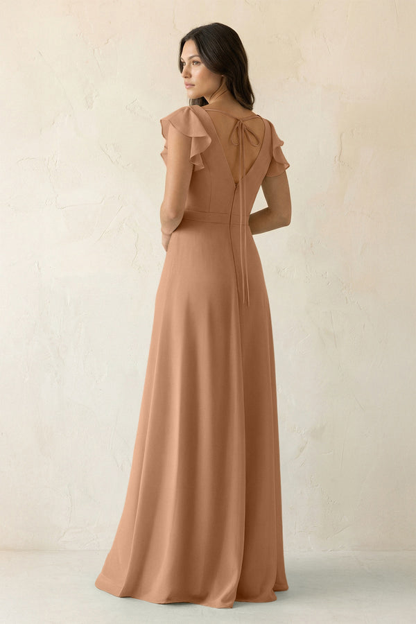 V - Neck Ruffled A - Line Chiffon Bridesmaid Dress in Bronzer - KissProm Bridesmaid Dresses
