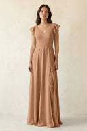 V - Neck Ruffled A - Line Chiffon Bridesmaid Dress in Bronzer - KissProm Bridesmaid Dresses