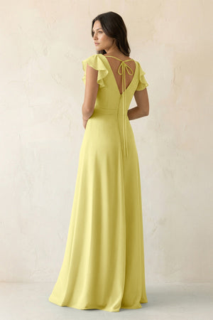 V - Neck Ruffled A - Line Chiffon Bridesmaid Dress in Buttercup - KissProm Bridesmaid Dresses