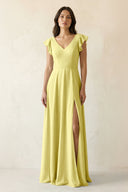 V - Neck Ruffled A - Line Chiffon Bridesmaid Dress in Buttercup - KissProm Bridesmaid Dresses