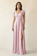V - Neck Ruffled A - Line Chiffon Bridesmaid Dress in Candy Pink - KissProm Bridesmaid Dresses