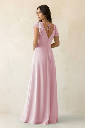 V - Neck Ruffled A - Line Chiffon Bridesmaid Dress in Candy Pink - KissProm Bridesmaid Dresses