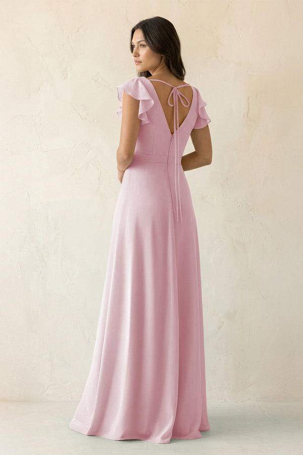 V - Neck Ruffled A - Line Chiffon Bridesmaid Dress in Candy Pink - KissProm Bridesmaid Dresses