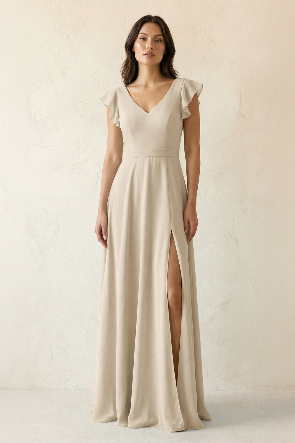 V - Neck Ruffled A - Line Chiffon Bridesmaid Dress in Champagne - KissProm Bridesmaid Dresses