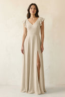 V - Neck Ruffled A - Line Chiffon Bridesmaid Dress in Champagne - KissProm Bridesmaid Dresses