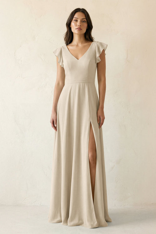 V - Neck Ruffled A - Line Chiffon Bridesmaid Dress in Champagne - KissProm Bridesmaid Dresses