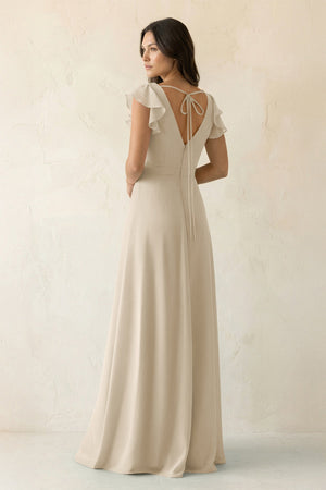 V - Neck Ruffled A - Line Chiffon Bridesmaid Dress in Champagne - KissProm Bridesmaid Dresses