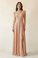 V - Neck Ruffled A - Line Chiffon Bridesmaid Dress in Champagne Rose - KissProm Bridesmaid Dresses