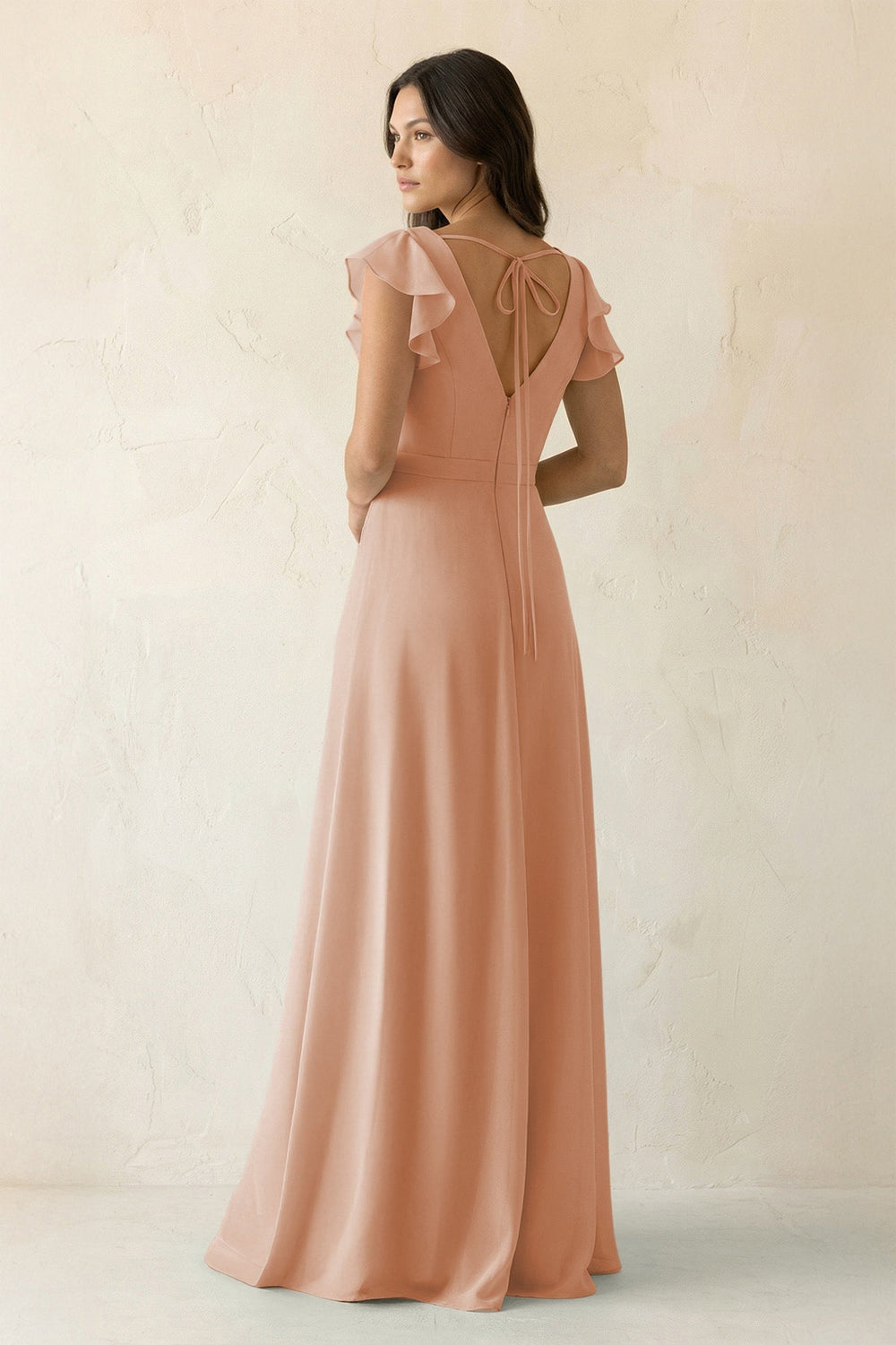 V - Neck Ruffled A - Line Chiffon Bridesmaid Dress in Champagne Rose - KissProm Bridesmaid Dresses