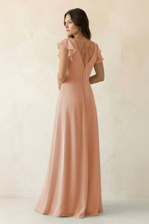 V - Neck Ruffled A - Line Chiffon Bridesmaid Dress in Champagne Rose - KissProm Bridesmaid Dresses