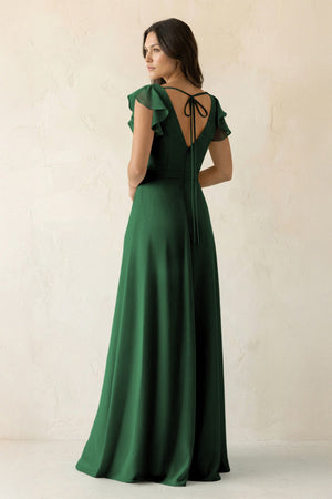 V - Neck Ruffled A - Line Chiffon Bridesmaid Dress in Dark Green - KissProm Bridesmaid Dresses