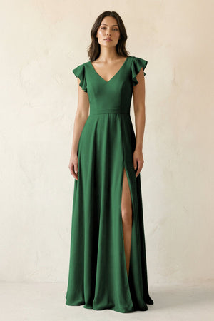 V - Neck Ruffled A - Line Chiffon Bridesmaid Dress in Dark Green - KissProm Bridesmaid Dresses