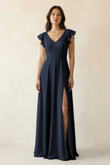 V - Neck Ruffled A - Line Chiffon Bridesmaid Dress in Dark Navy - KissProm Bridesmaid Dresses