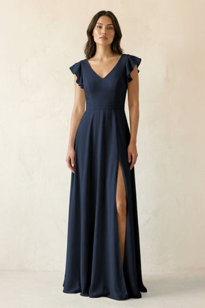 V - Neck Ruffled A - Line Chiffon Bridesmaid Dress in Dark Navy - KissProm Bridesmaid Dresses